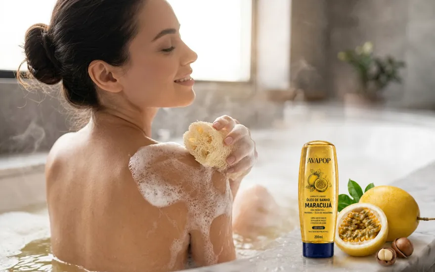 Mulher tomando banho com espuma cremosa em banheira