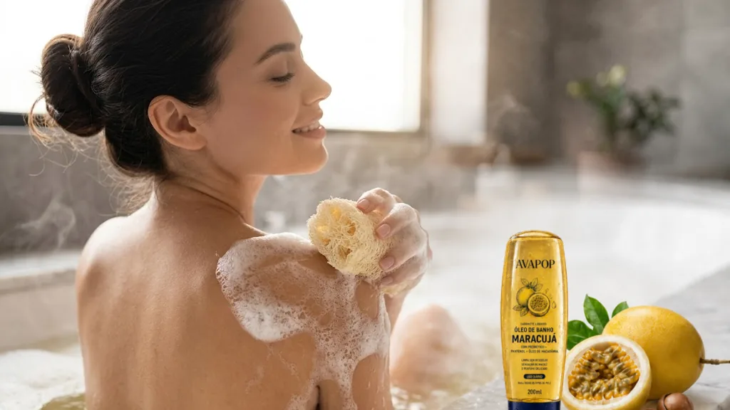 Mulher tomando banho com espuma cremosa, com frasco Avapop ao lado da banheira